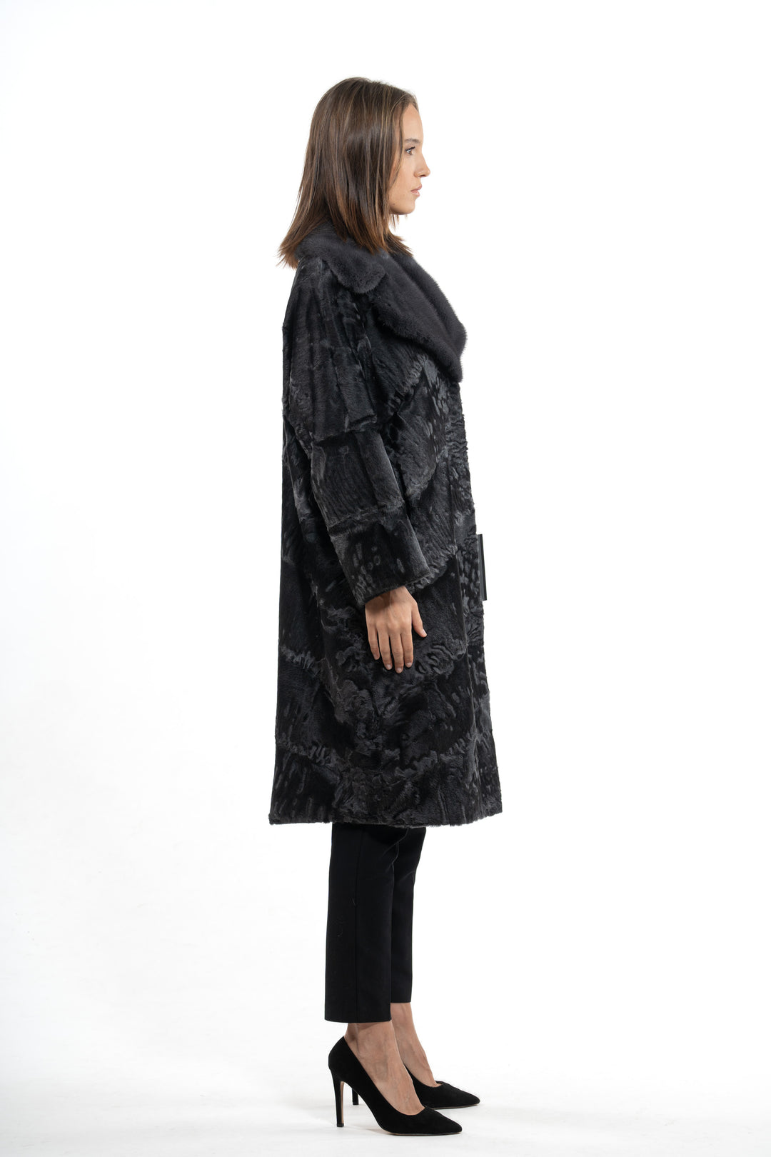 Manzari Grey Metal Swakara fur coat with intricate details