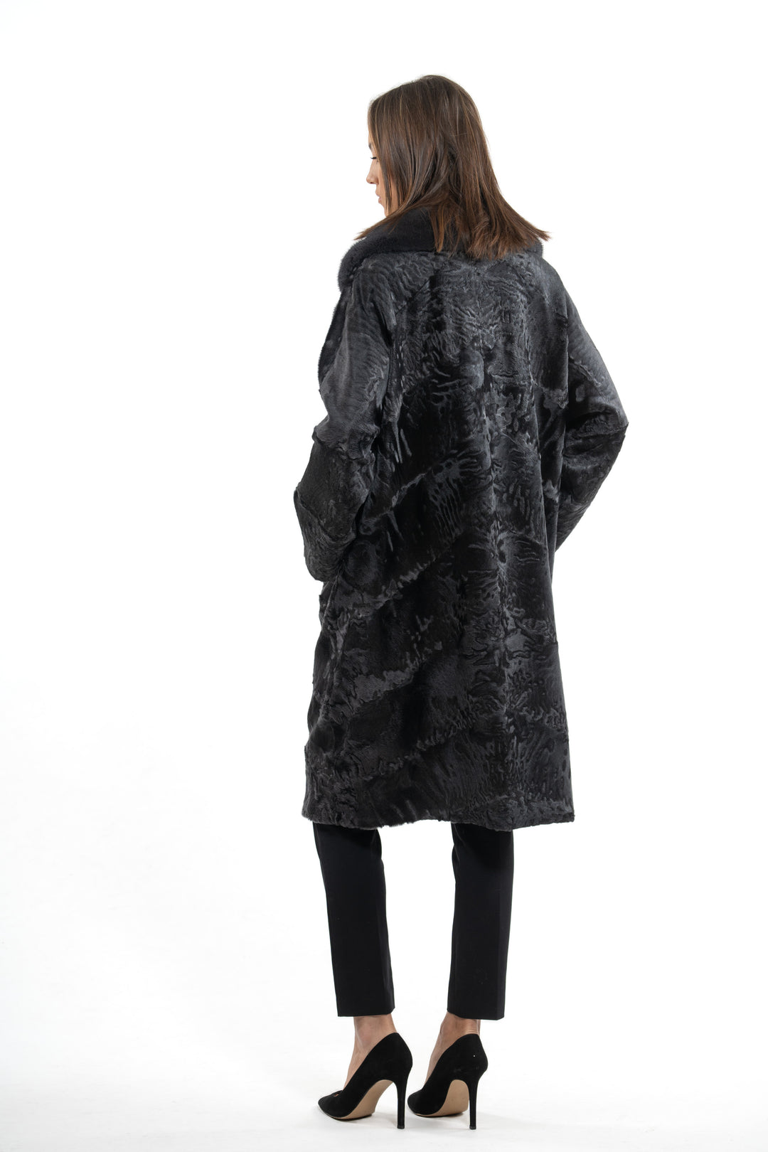 Sophisticated Grey Metal Swakara fur coat by manzari