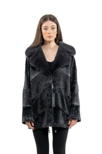 Chic Grey Metal Swakara fur coat by manzari for a standout look