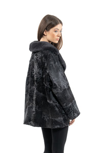 Elegant Grey Metal Swakara fur coat for modern fashion