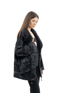 Manzari Grey Metal Swakara fur coat for a luxurious feel
