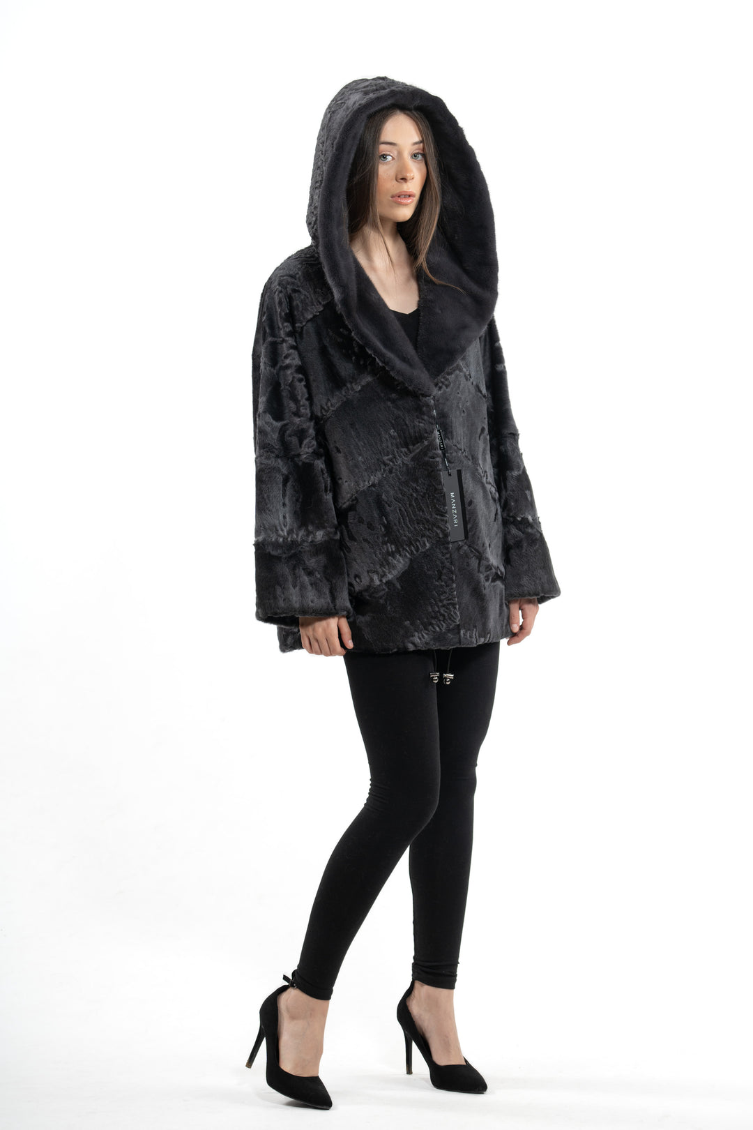 High-quality Grey Metal Swakara fur coat for fashion enthusiasts