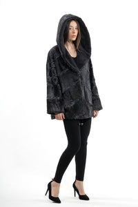High-quality Grey Metal Swakara fur coat for fashion enthusiasts