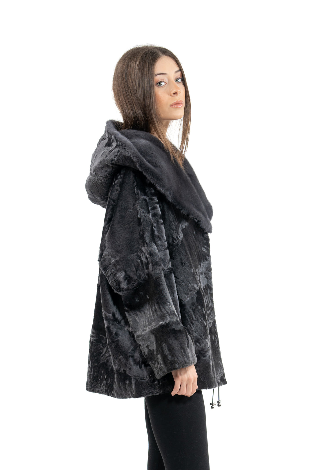 Manzari Grey Metal Swakara fur coat for a bold look