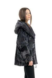 Manzari Grey Metal Swakara fur coat for a bold look