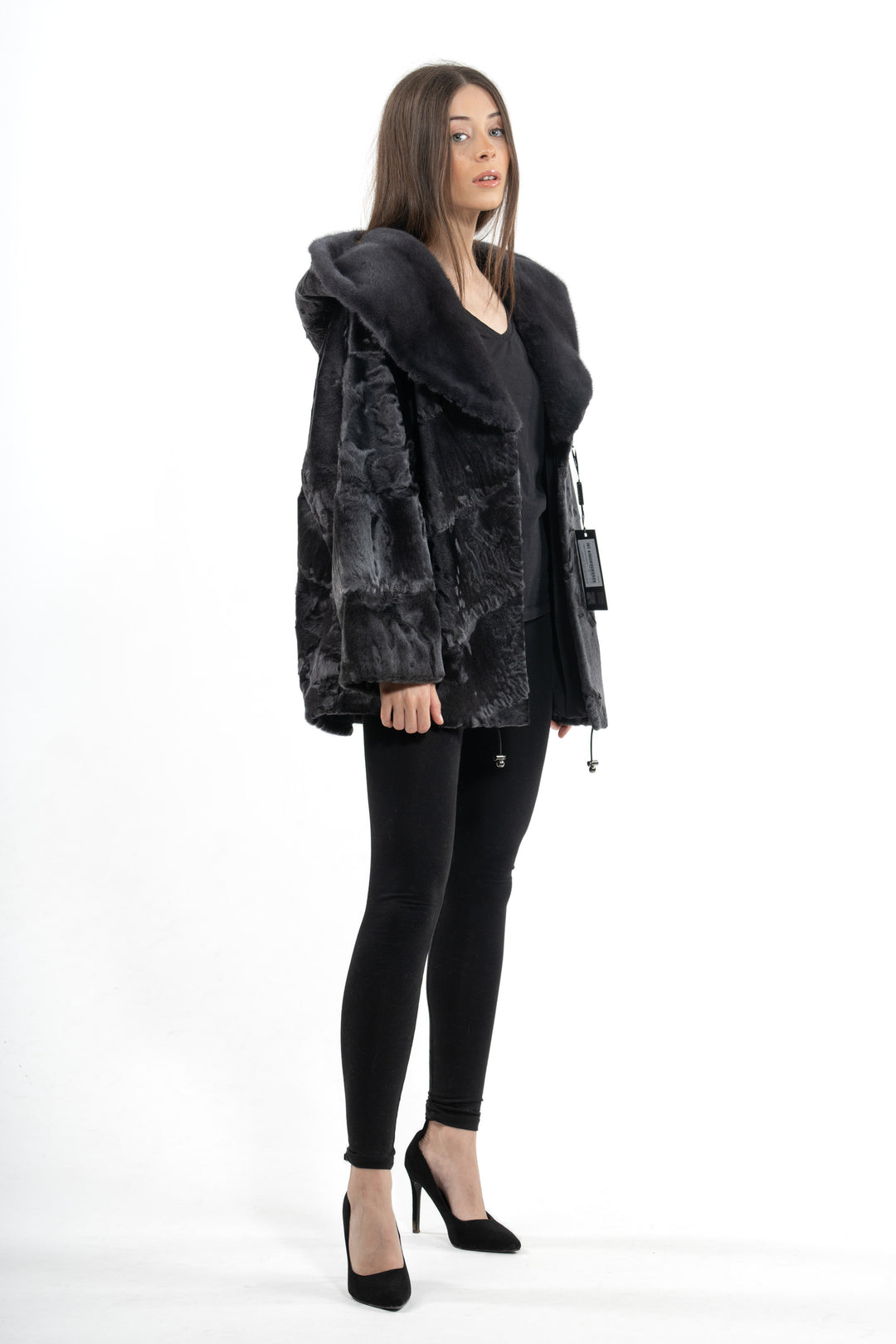 Stylish Grey Metal Swakara fur coat by manzari