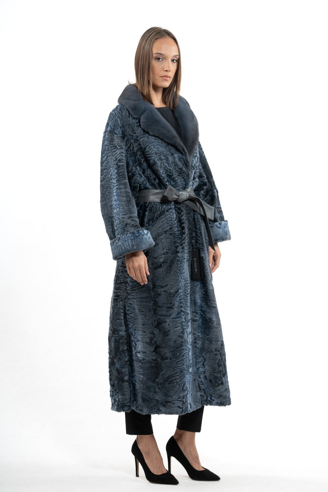 Chic Blue Swakara fur coat by manzari for a standout look