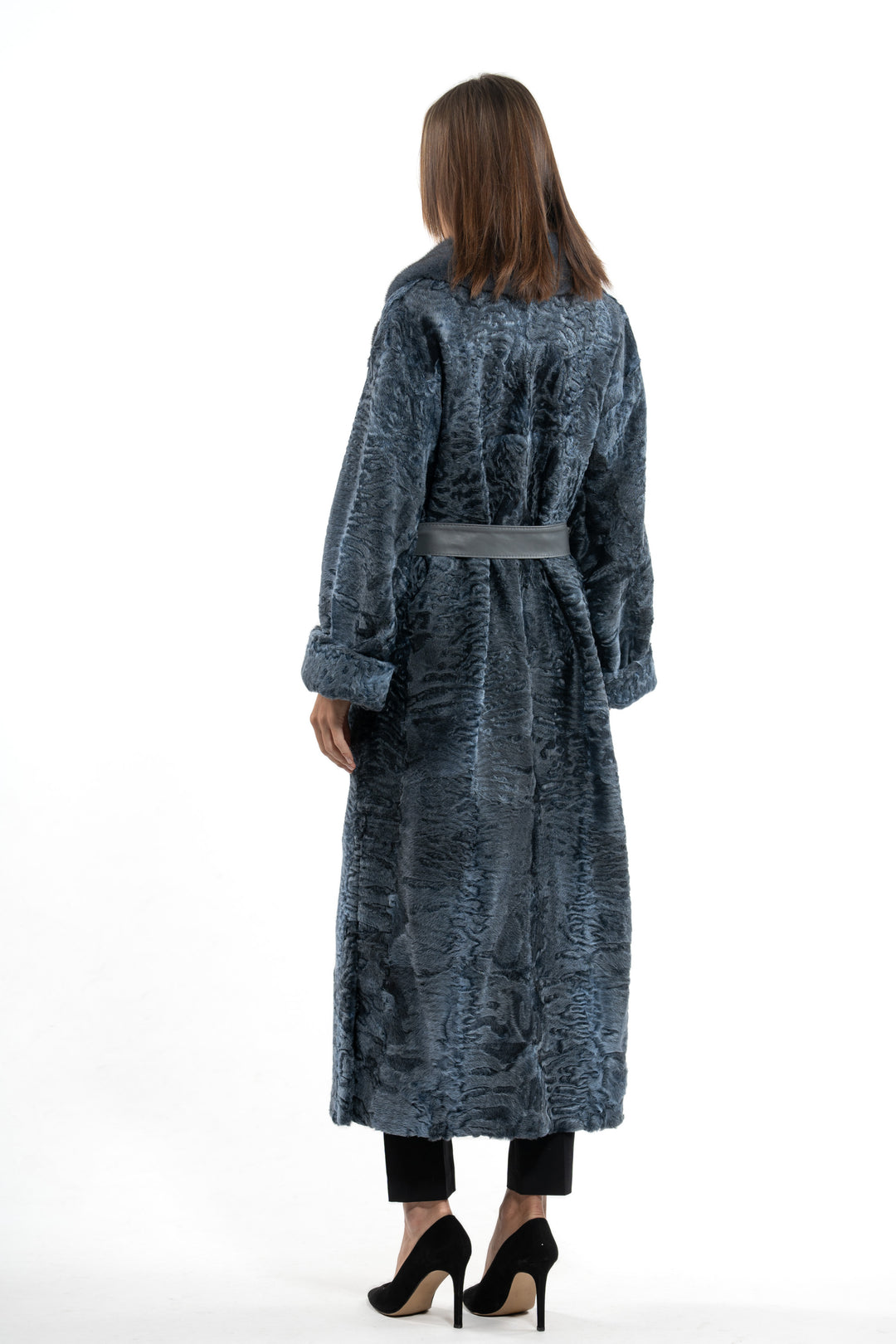 Chic Blue Swakara fur coat by manzari for a standout look