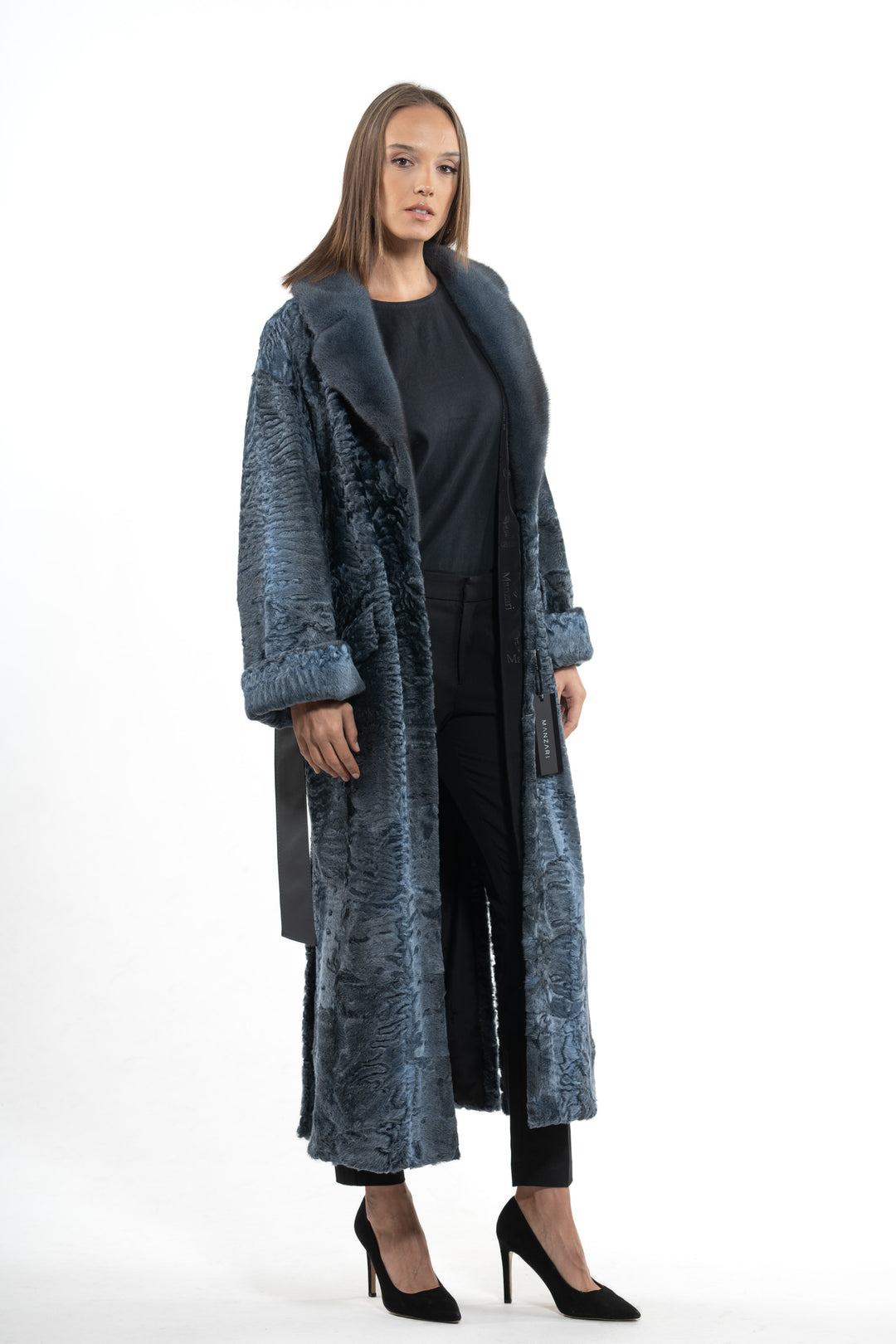 Chic Blue Swakara fur coat by manzari for a standout look
