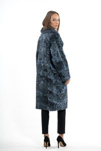 Manzari Blue Swakara fur coat with intricate details