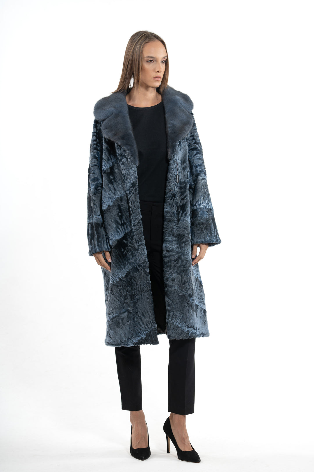 Stylish Blue Swakara fur coat by manzari