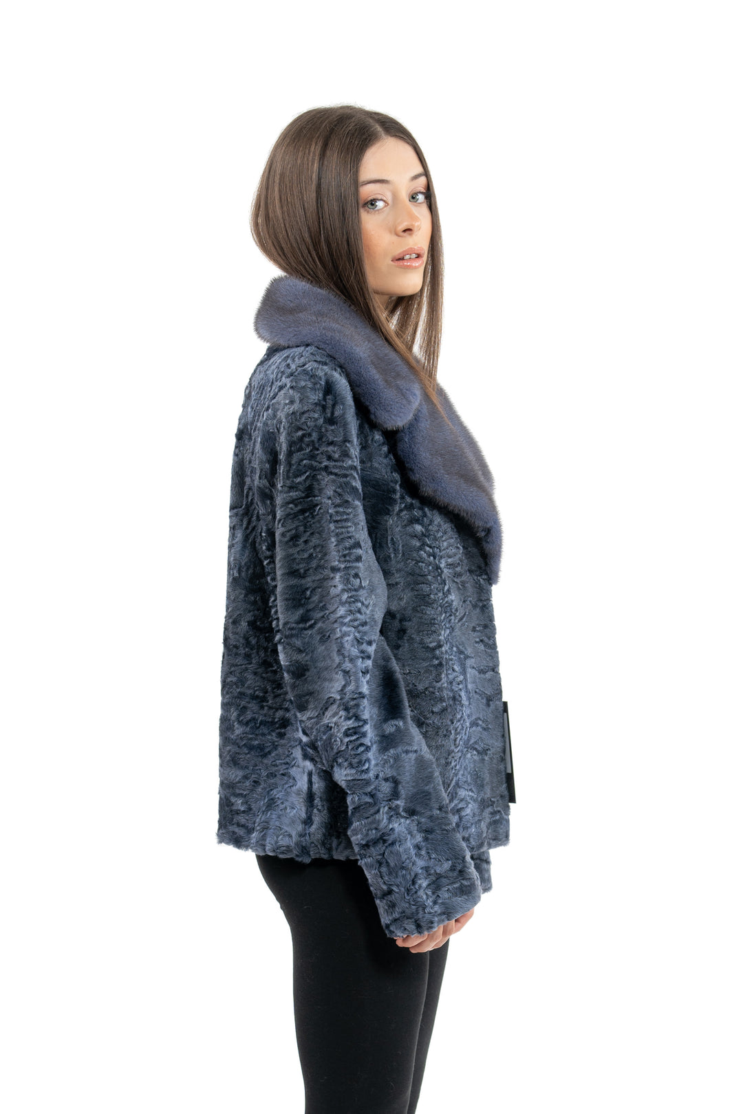 Model wearing a Blue Swakara fur coat by manzari