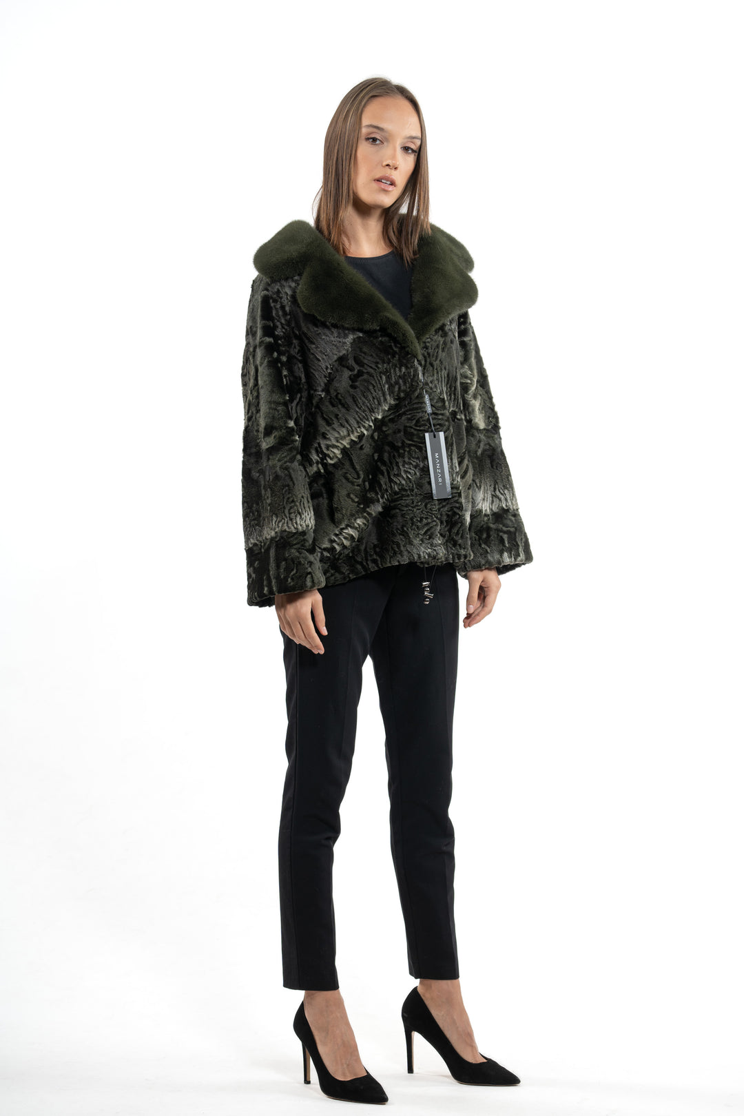 Manzari Dark Olive Swakara fur coat with intricate details