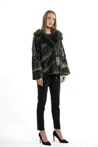 Manzari Dark Olive Swakara fur coat with intricate details