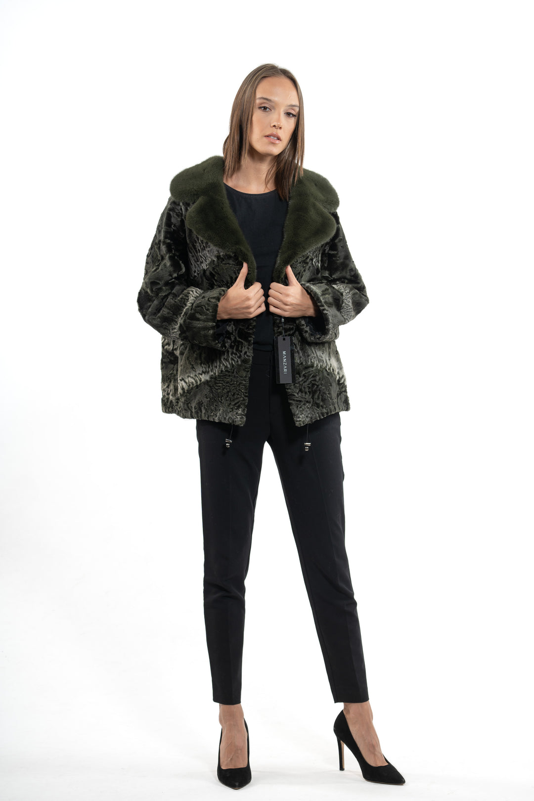 High-quality Dark Olive Swakara fur coat for fashion enthusiasts