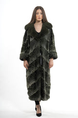 Dark olive Swakara coat with a V-chevron pattern, featuring a wide long-hair fur collar and cuffs, mid-calf length, and an open front.