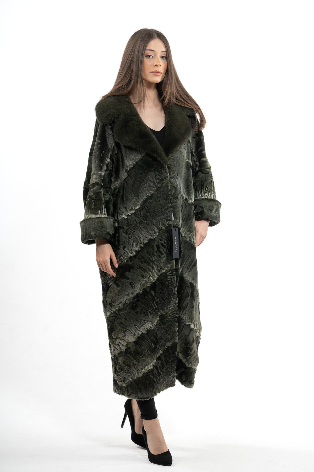 Premium Dark Olive Swakara fur coat for a unique style