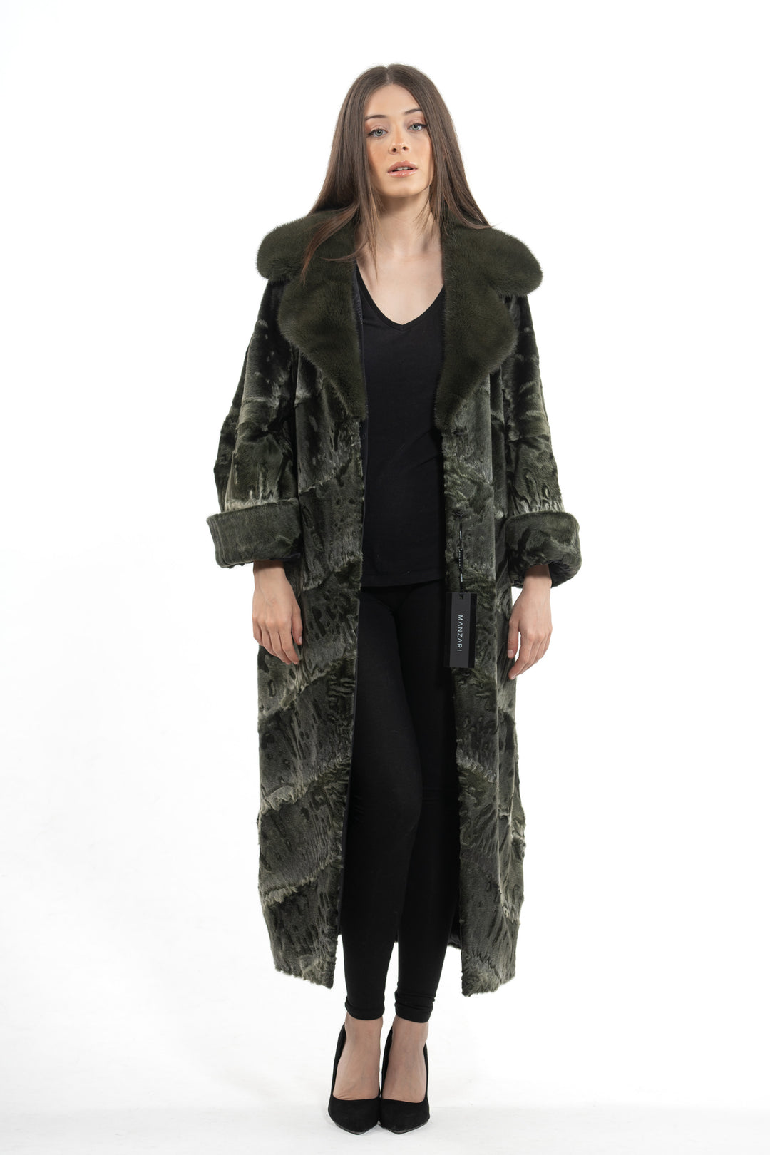 Premium Dark Olive Swakara fur coat for a unique style