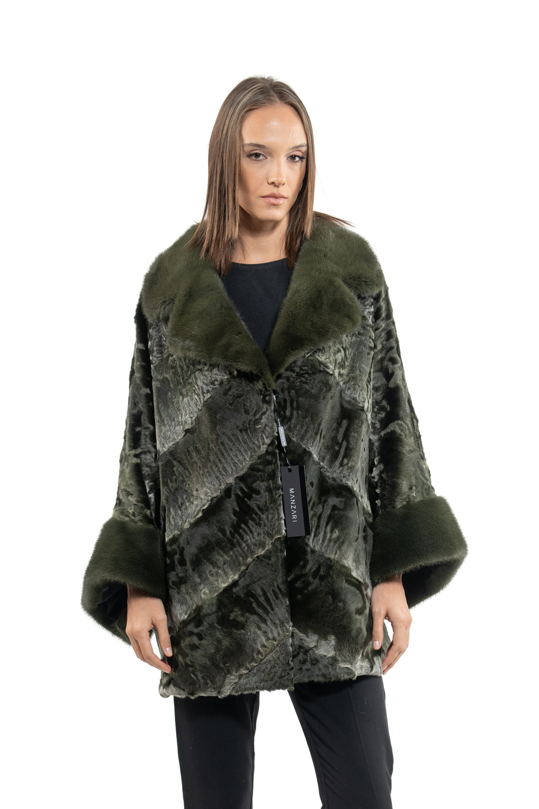 Stylish Dark Olive Swakara fur coat by manzari