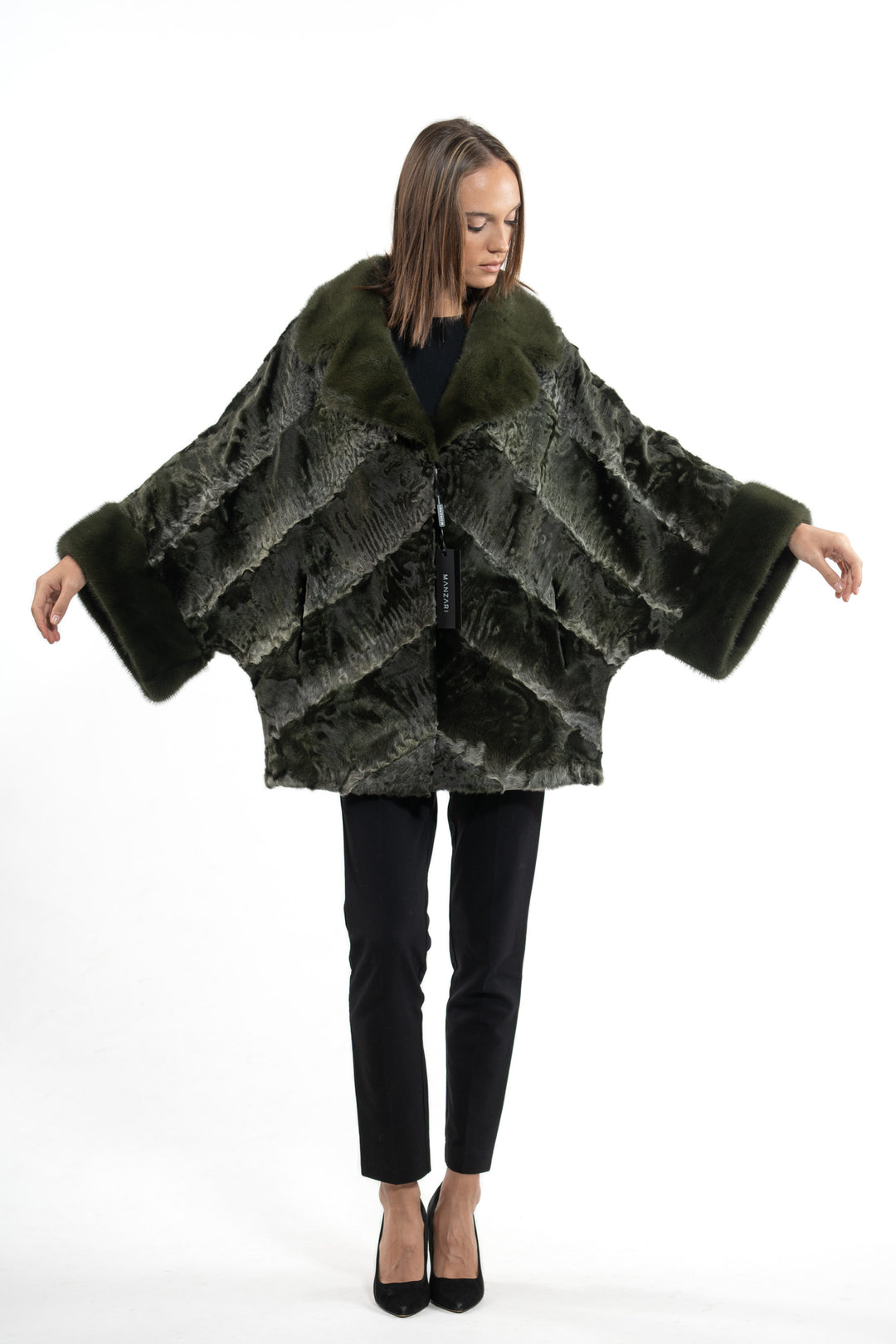 Elegant Dark Olive Swakara fur coat for modern fashion