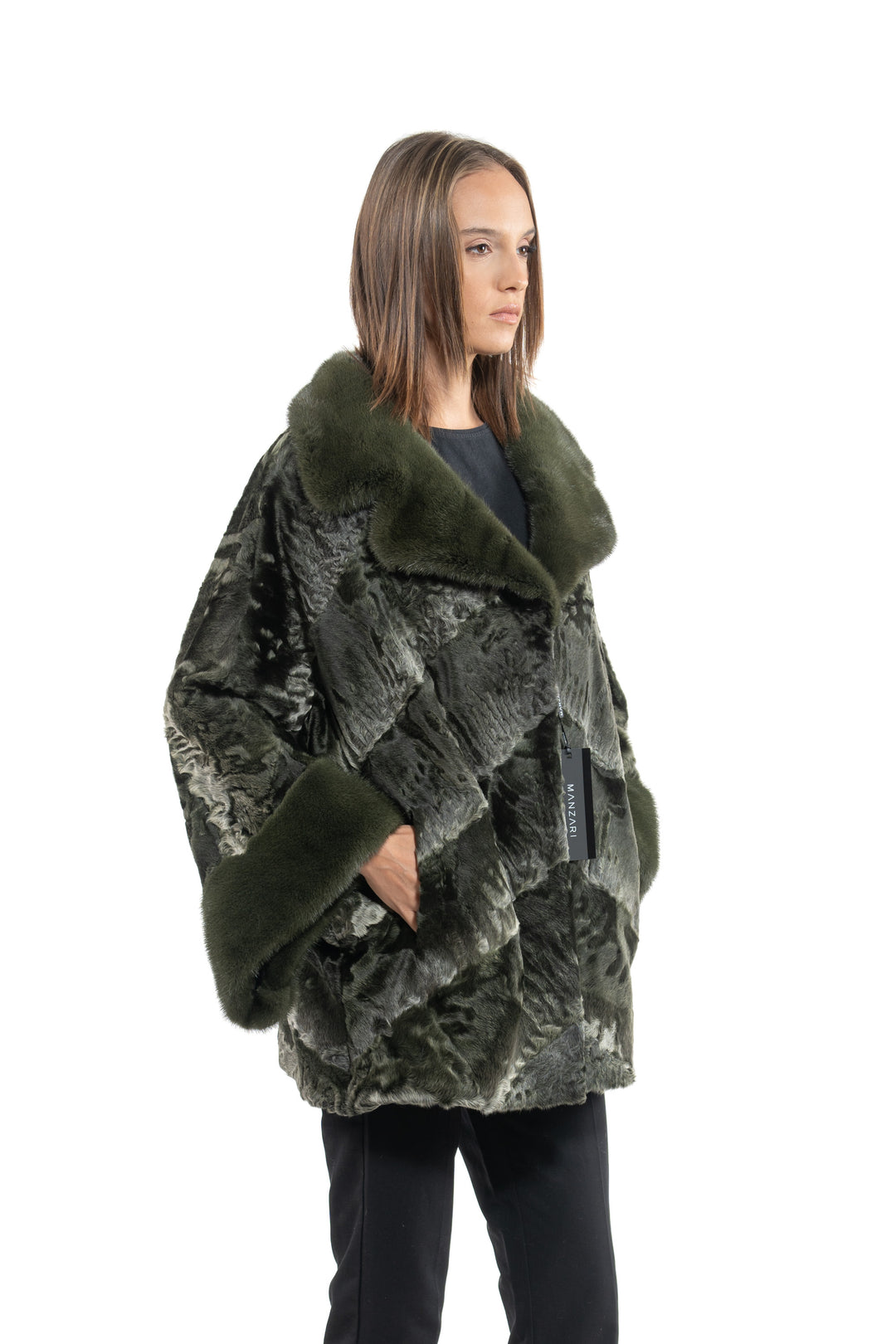 Elegant Dark Olive Swakara fur coat for modern fashion
