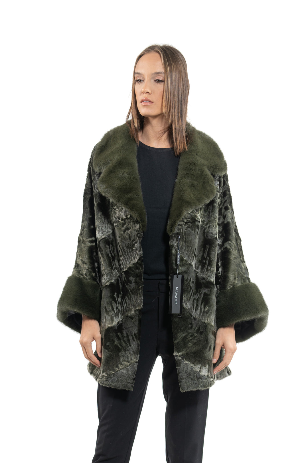 Manzari Dark Olive Swakara fur coat for a bold look