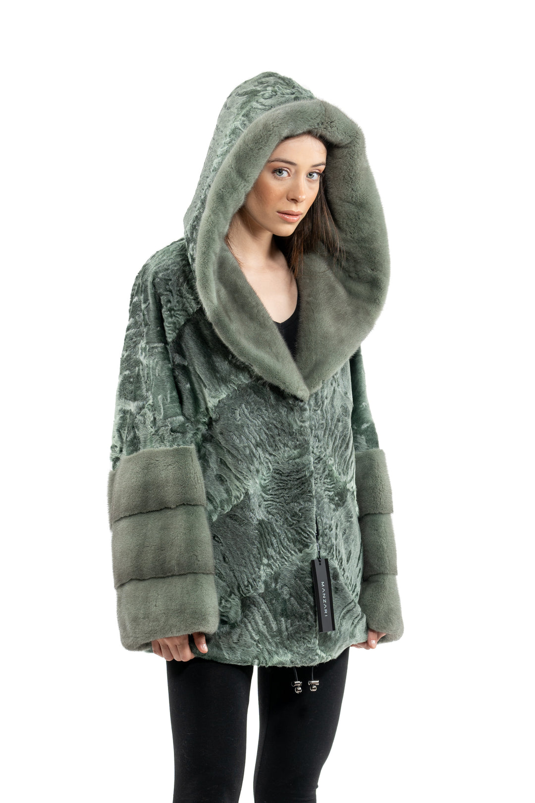 Manzari Green Metal Swakara fur coat with intricate details
