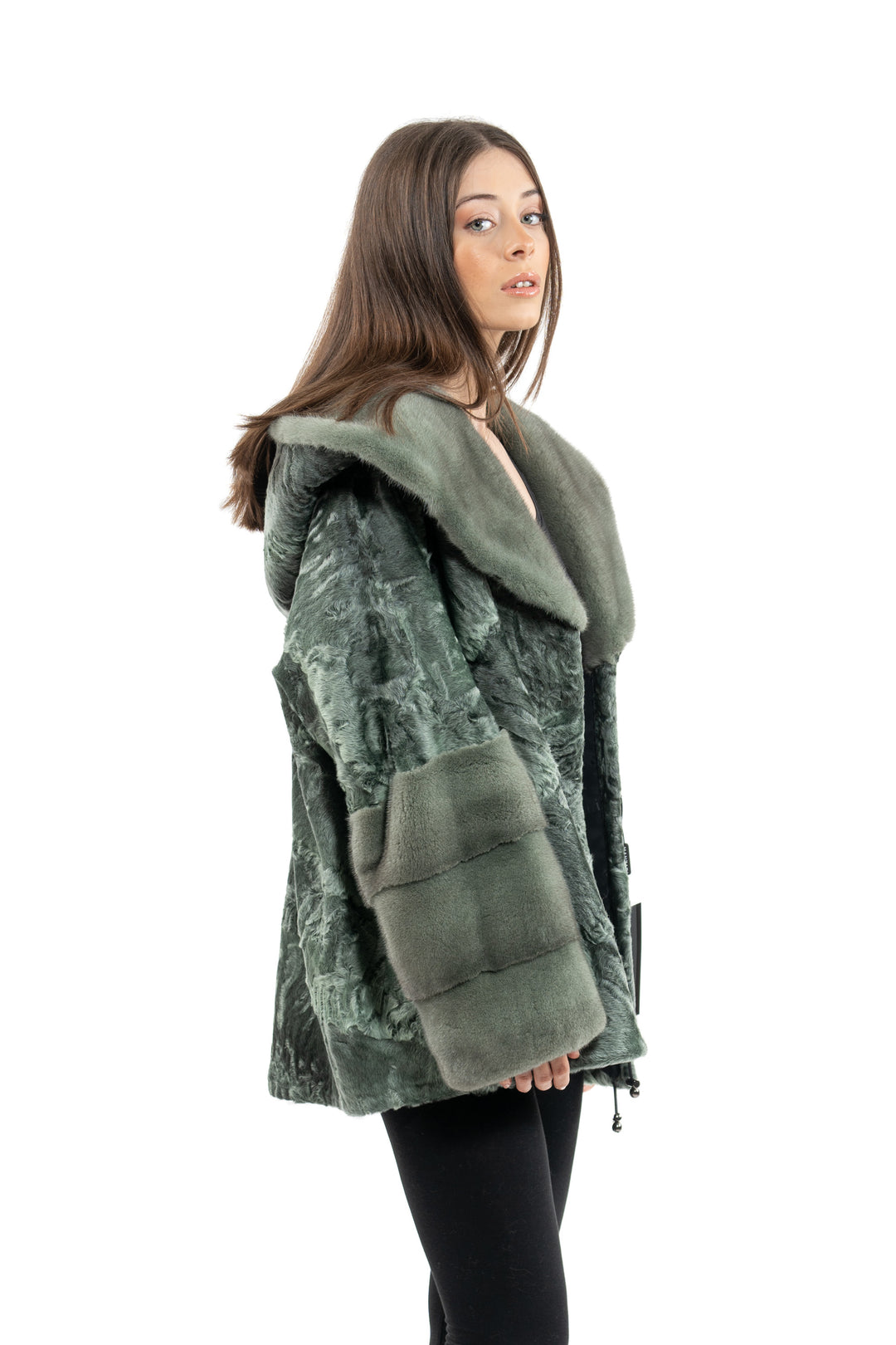 Stylish Green Metal Swakara fur coat by manzari