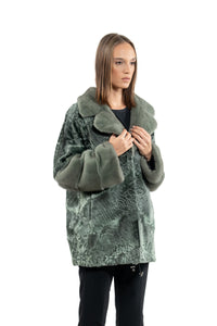 High-quality Green Metal Swakara fur coat for fashion enthusiasts