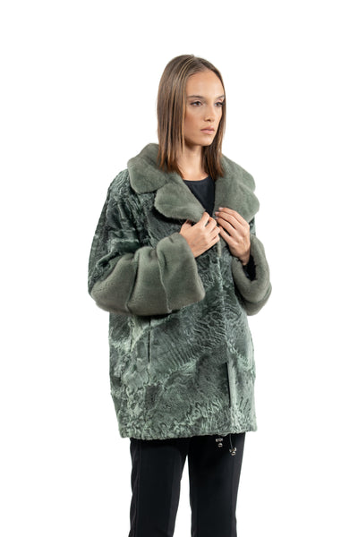 SWAKARA SKIN GREEN METAL LONG HAIR SHORT JACKET A/K 20M677