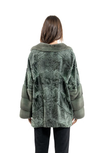 High-quality Green Metal Swakara fur coat for fashion enthusiasts