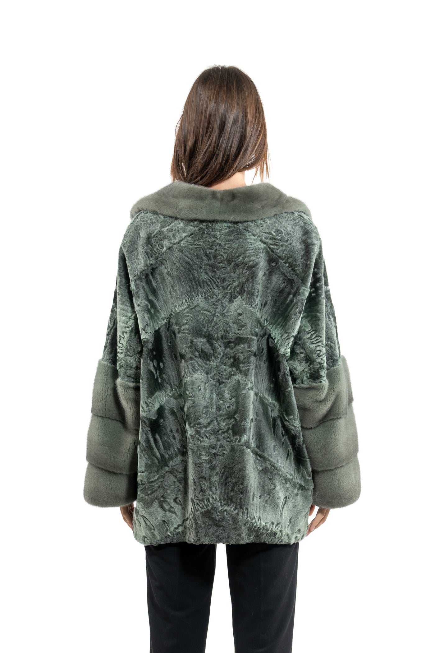 SWAKARA SKIN GREEN METAL LONG HAIR SHORT JACKET A/K 20M677