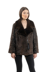 Brown swakara short jacket with a dark brown long-hair fur collar, featuring a boxy cut and a gold-toned drawstring closure at the hem.