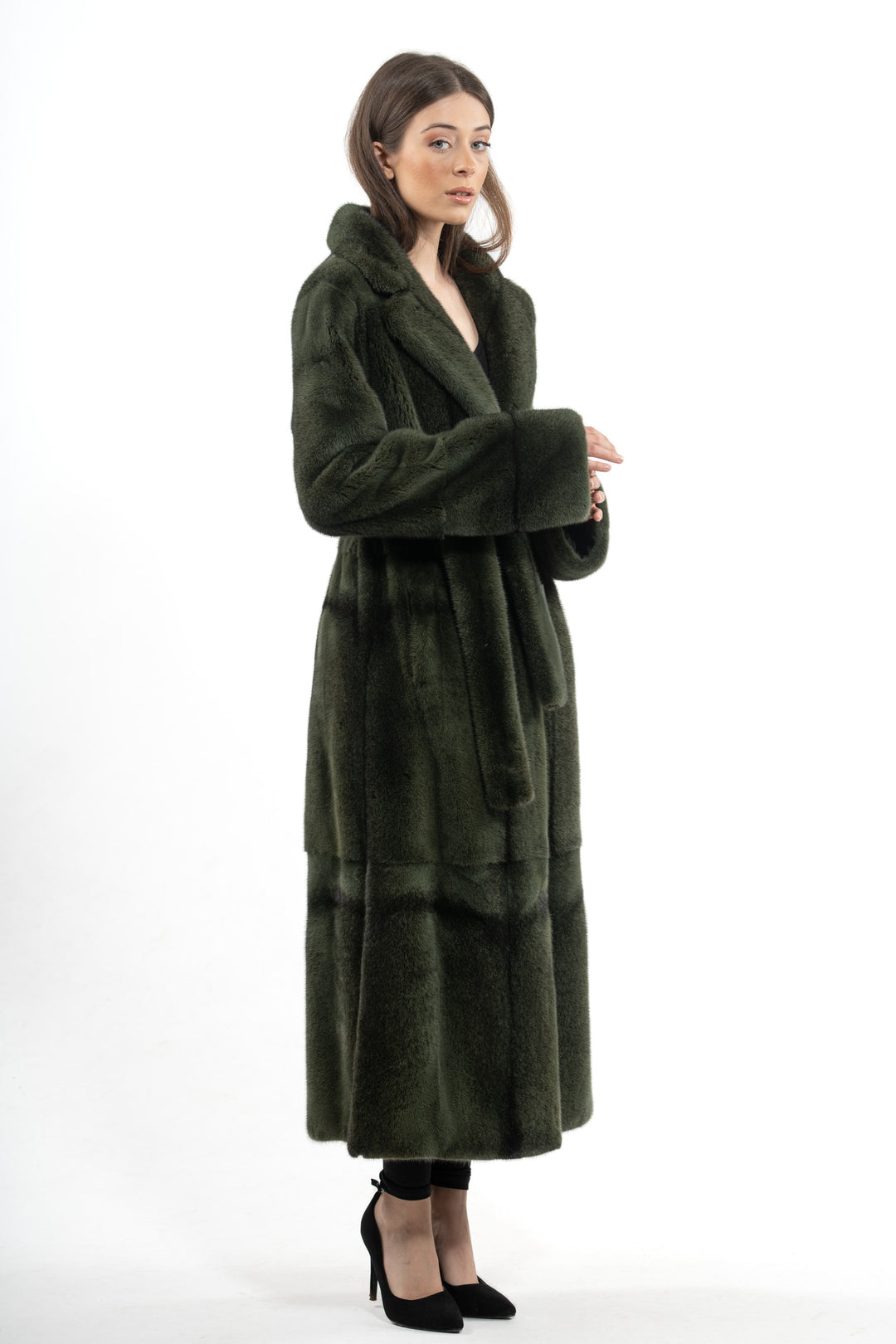 Mink Female Dark Olive Cross Long Hair Coat S/S 0910?305 Slits