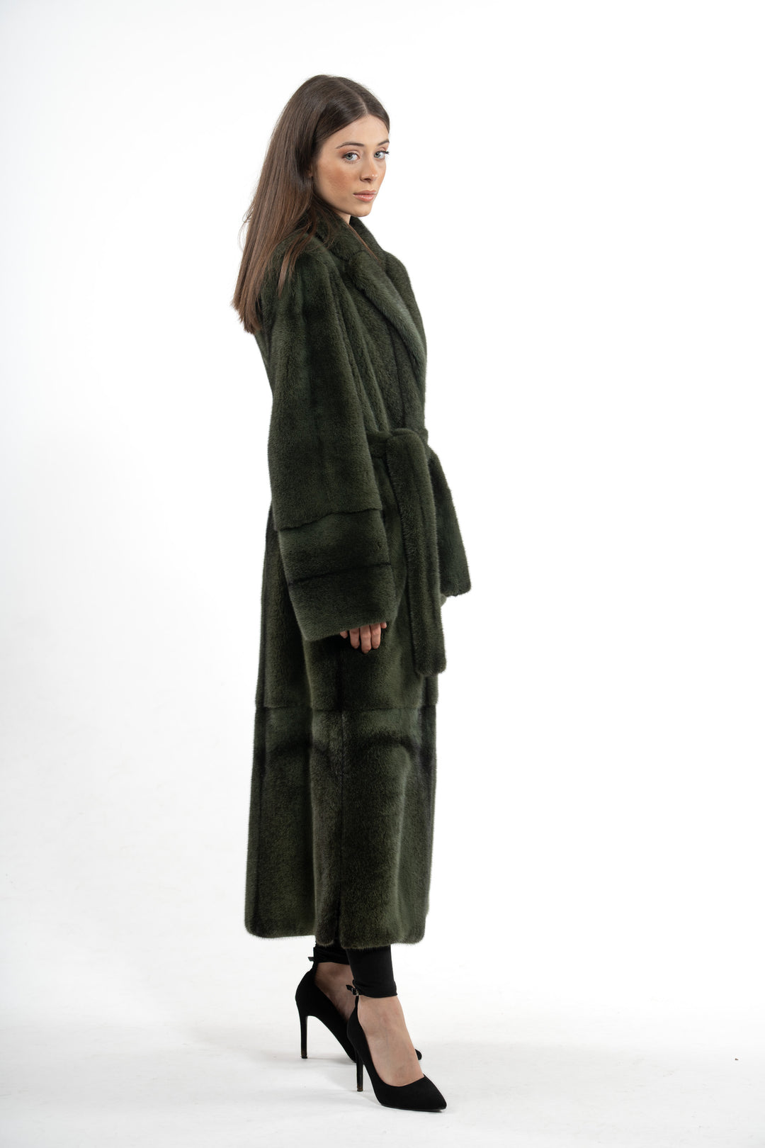 Mink Female Dark Olive Cross Long Hair Coat S/S 0910?305 Slits