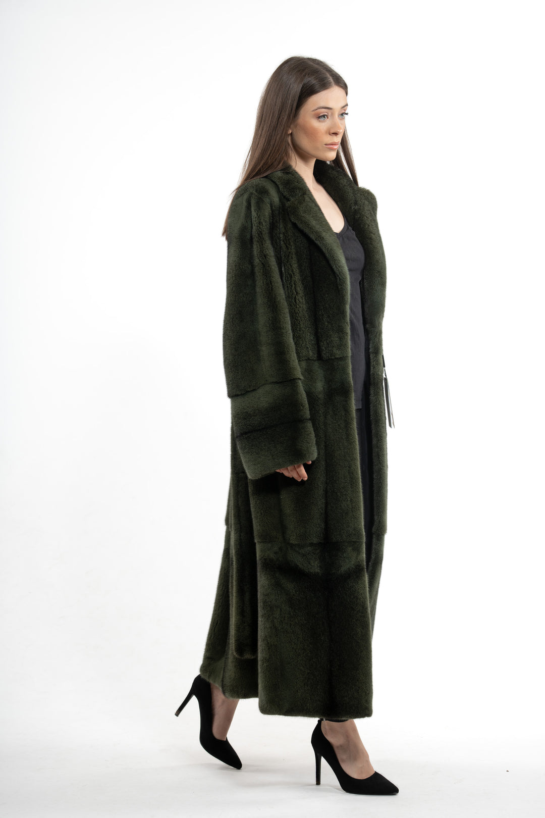 Mink Female Dark Olive Cross Long Hair Coat S/S 0910?305 Slits