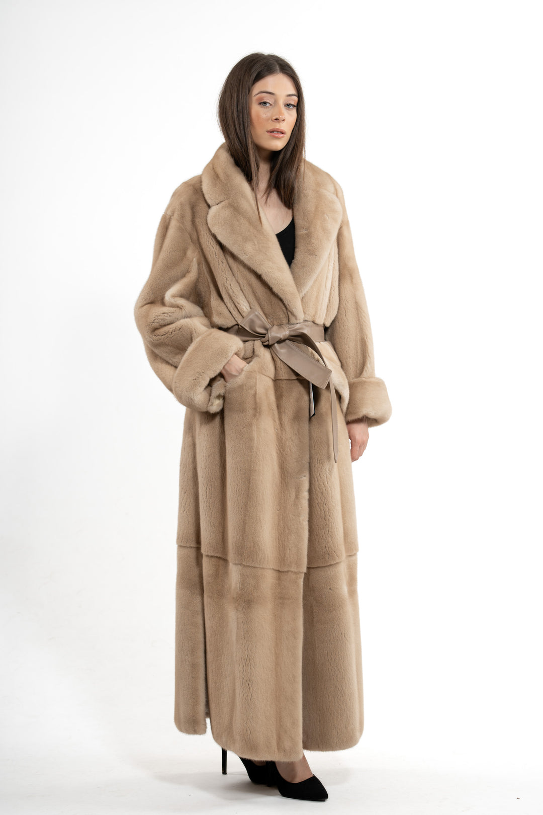 Model wearing a Palomino Mink fur coat