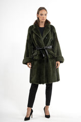 Full-length dark olive mink fur jacket featuring vertical fur panels, a notched collar, cuffed sleeves, and a black leather waist tie.