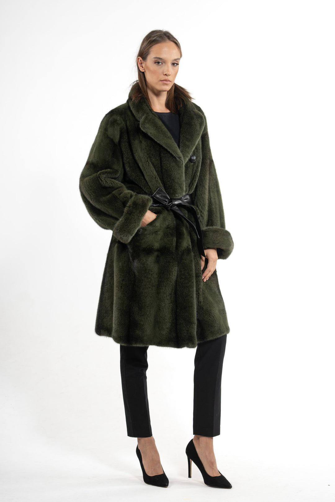 Manzari Dark Olive Mink fur coat for a timeless appeal