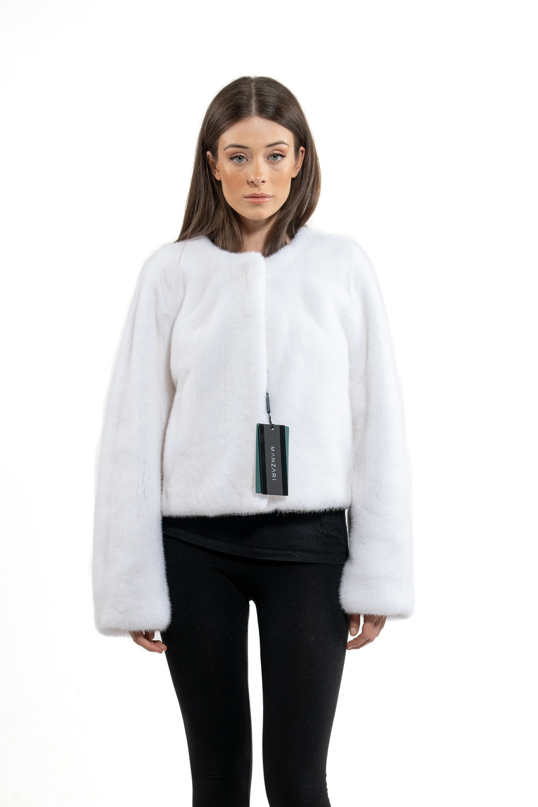 Model wearing a White Mink fur coat