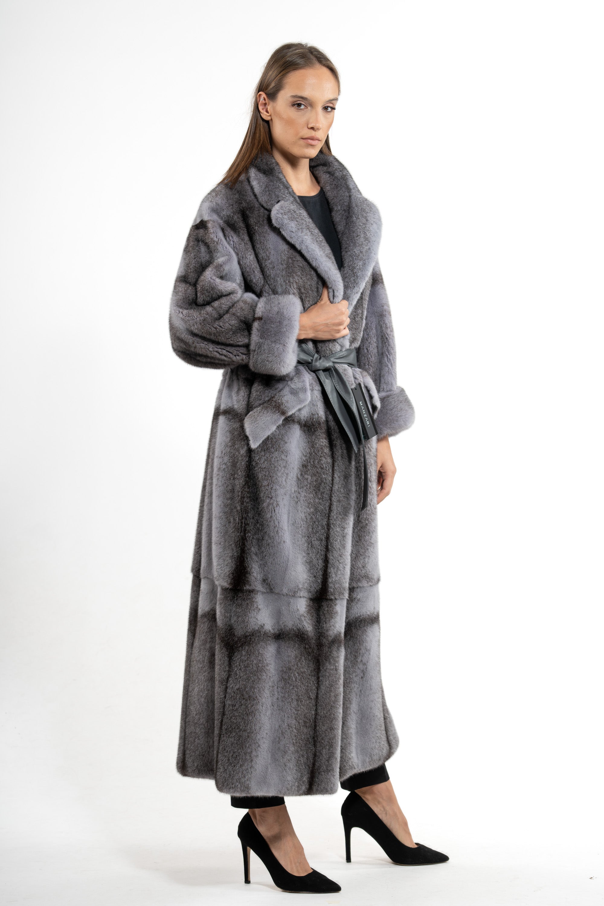 Grey Cross Mink Fur Coat - Women's Long Hair Coat S/S 19M752?305