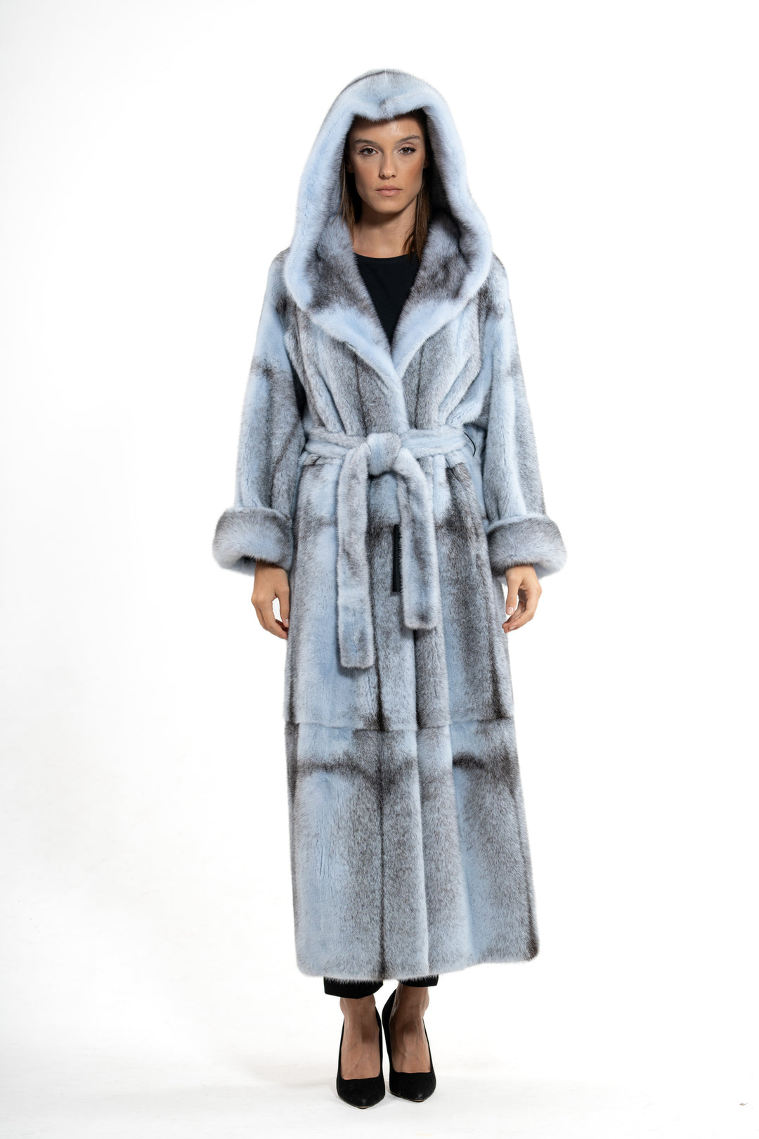 Mink Female Baby Blue Cross Long Hair Coat Hood S/S 24M4134 Slits