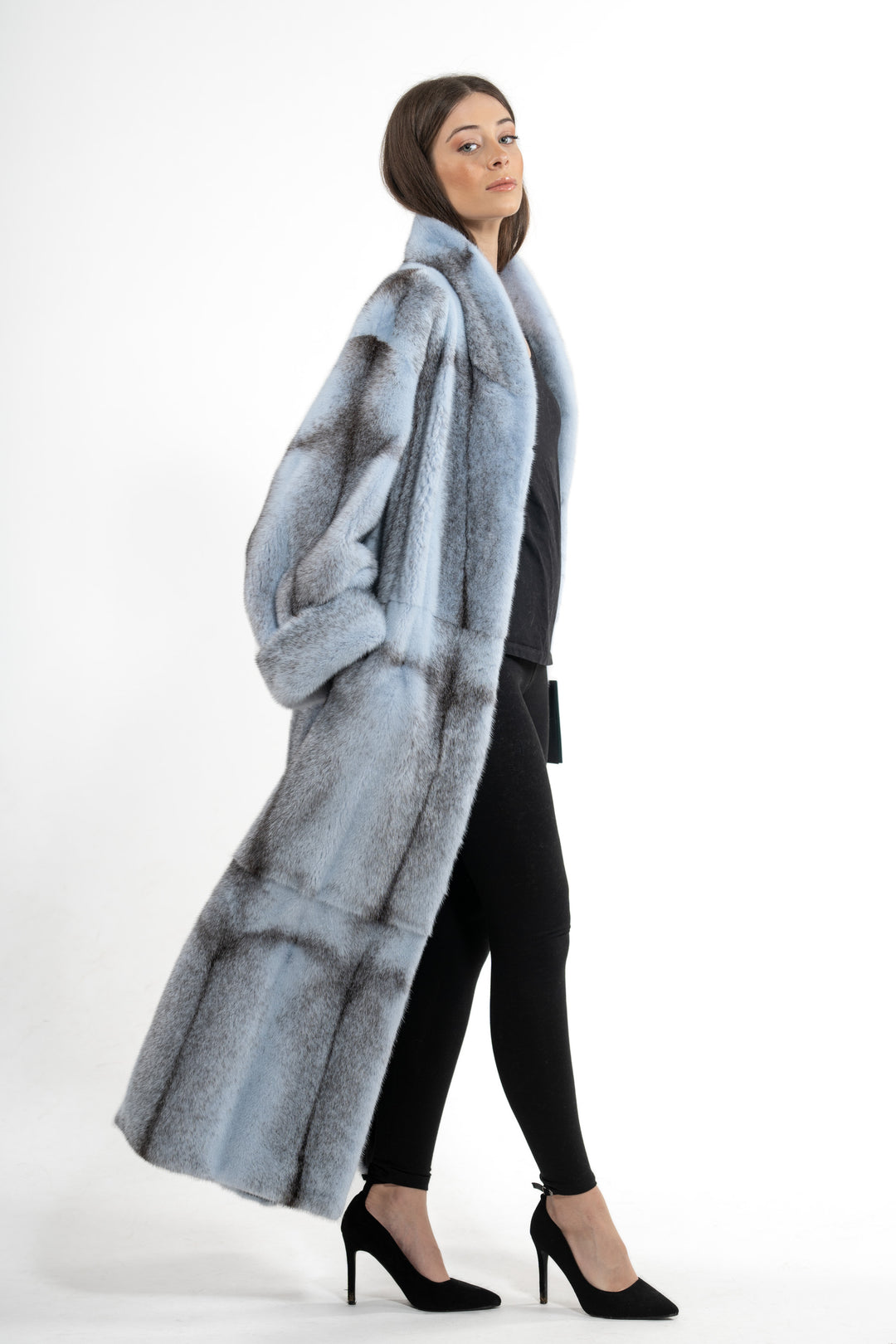 Manzari Baby Blue Mink fur coat with a modern touch
