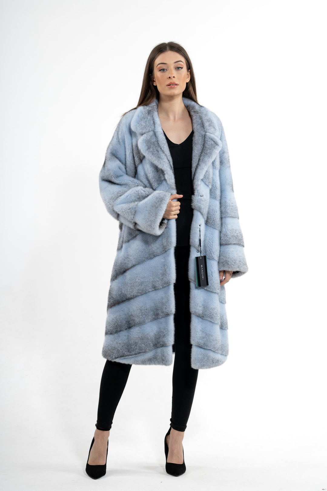 Baby Blue Cross Mink Fur Jacket - Women's Long Hair Jacket A/K