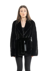 Blackglama mink fur short jacket with a wide lapel collar, long sleeves, and a matching fur tie belt at the waist.