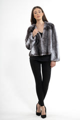 Short Blackcross mink fur jacket with a vertical pelt pattern, collarless round neckline, and straight-cut sleeves, shown in a front view.