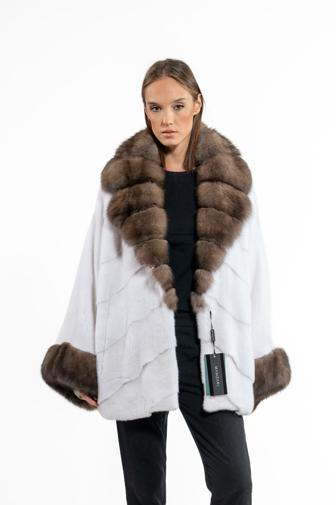 Model wearing a White Mink fur coat