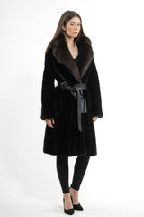 Front view of a Blackglama mink jacket featuring a large brown sable fur shawl collar and a black leather waist tie.