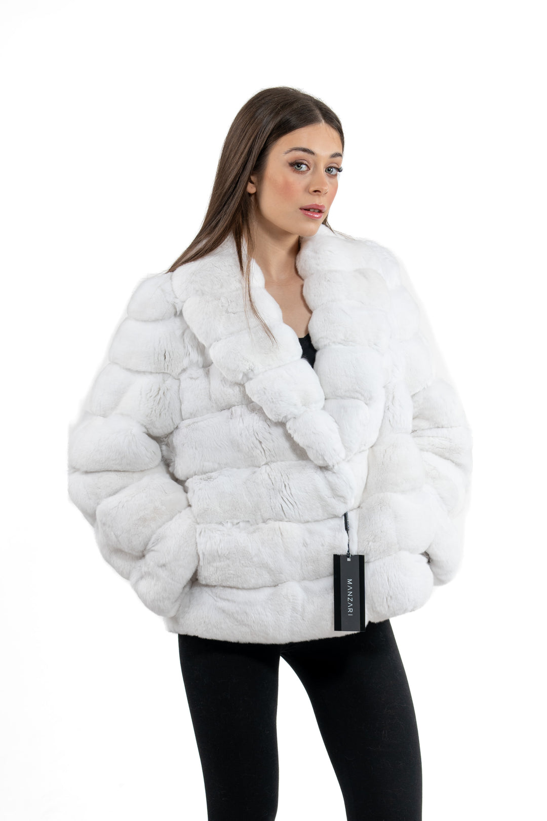 Model wearing a Snow White Chinchilla fur coat by manzari