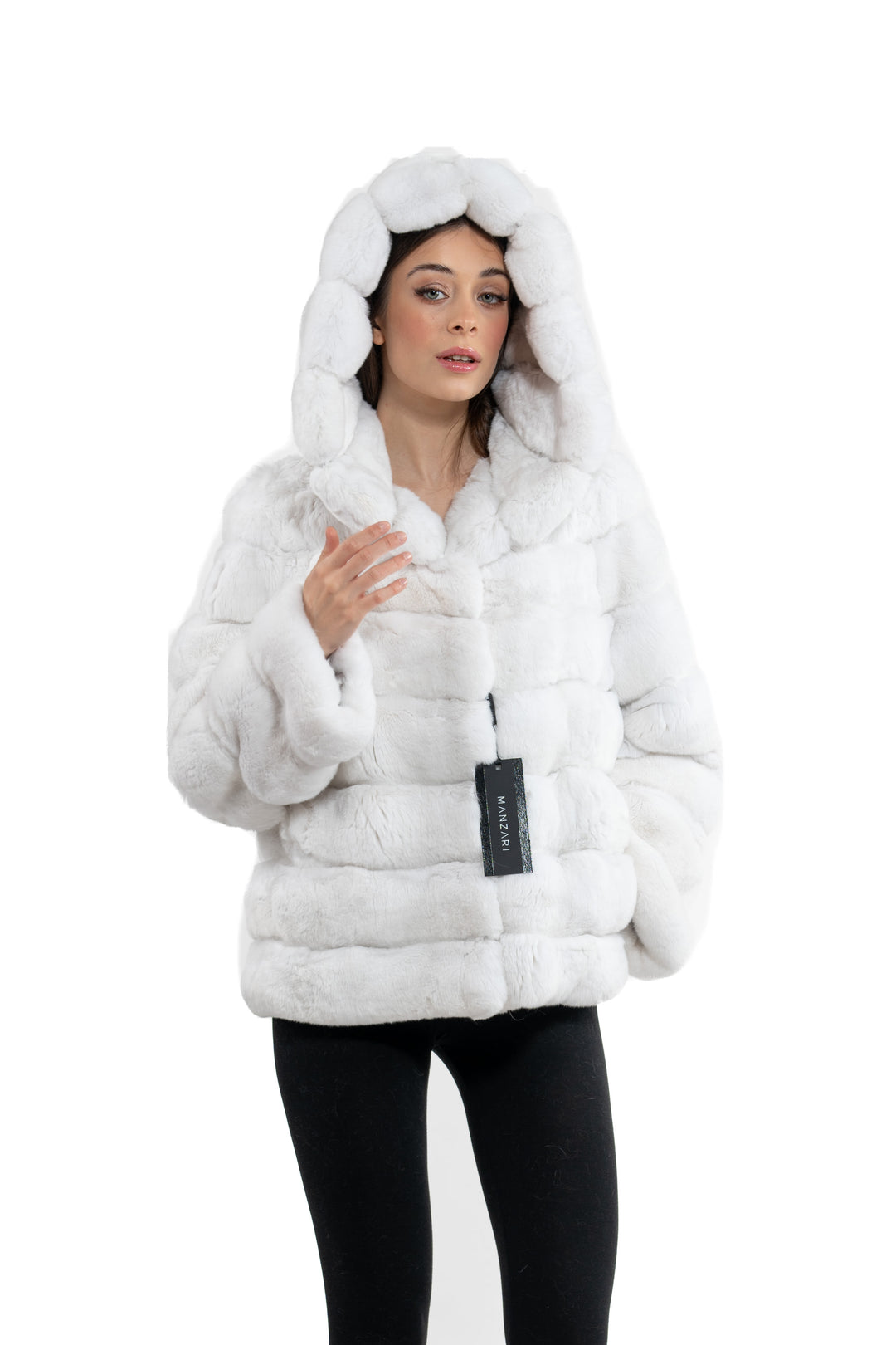 Model wearing a Snow White Chinchilla fur coat by manzari